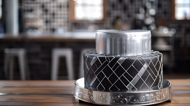 sleek, silver cake with minimalist geometric black patterns, set against a backdrop of a sophisticated, urban loft party