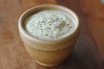 Closeup of creamy ranch dressing garnished with herbs in a rustic bowl