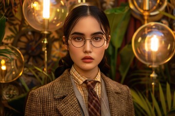 A woman with dark hair and round glasses stands in a dimly lit room, wearing a brown tweed jacket and a yellow patterned shirt with a red and brown tie