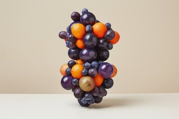 A cluster of plums, oranges, and grapes, suspended in mid-air, creates a vibrant and abstract composition