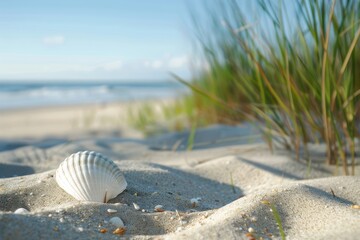 Summer vibes: beautiful coastal scene with sandy dunes and seashell pieces offering plenty of space for photos