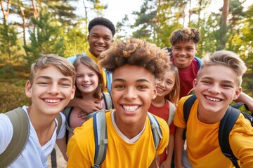 A group of smiling teenagers pose for a selfie in a forest setting on a bright, sunny day