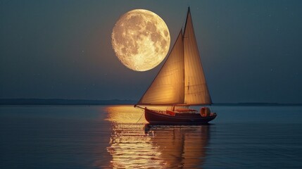 sailboat on lake full moon background