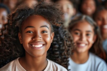 A young girl with curly hair smiles brightly at the camera, surrounded by her friends