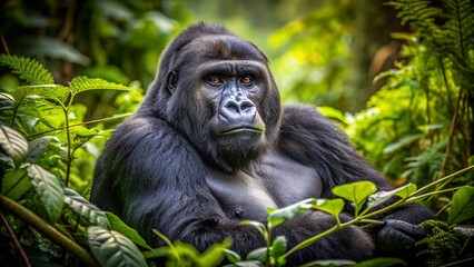 Fototapeta premium Majestic silverback mountain gorilla relaxed in lush undergrowth, soft fur glistening in dappled forest light, powerful muscles at ease in Uganda's dense jungle habitat.