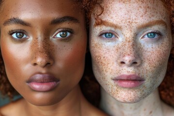 A close-up portrait of two women's faces, one with darker skin and the other with lighter skin, both adorned with freckles. Their eyes meet, creating a moment of shared intimacy