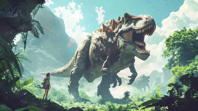 Fototapeta Brave time travelers explore prehistoric world, meeting dinosaurs face to face in thrilling adventure.