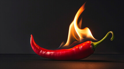 A single red chili pepper with a flame on its tip, set against a dark background, representing hot and spicy food concepts.