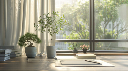 A serene home office with potted plants, books, and sunlight streaming through large windows, offering a peaceful and productive workspace.