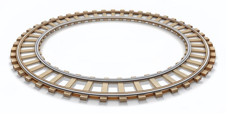 Railway train track forms circular route in vector illustration on white background, showcasing round curved rail pattern and smooth railroad path icon design.