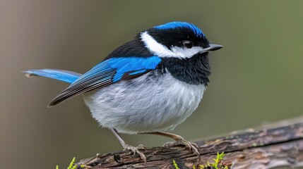 Obraz premium A small, blue-winged fairy wren perches on a branch with a blurred green background