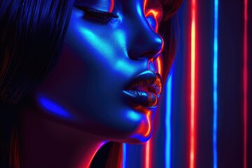 Fototapeta premium A woman's face is illuminated by vibrant blue and red neon lights, creating a striking contrast