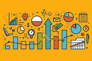 Obraz premium Abstract infographic with various data visualization elements on a yellow background.