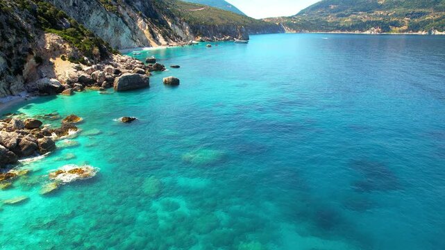 Aerial video of the paradise beach of Afales in Ithaca, the beautiful  Ionian island of Greece.