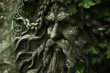 Obraz premium Enchanted forest guardian sculpture, a mystical carved face of an ancient deity entwined with ivy and foliage