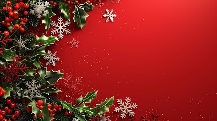 Creative christmas frame on red background. Xmas and New Year holiday, banner, postcard, invitation, celebration. Flat lay, top view, holly, snowflakes, border background with copy space