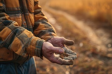 Fototapeta premium A farmer's weathered hands cradle a handful of rich, dark soil, the warm glow of the setting sun casting a golden hue over the scene