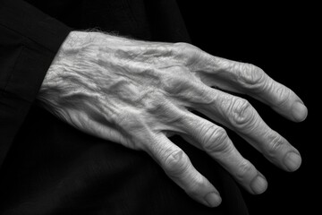 Fototapeta premium A weathered hand, with lines etched by years of experiences, rests on a dark surface. The light catches the delicate textures, highlighting the stories woven into every crease