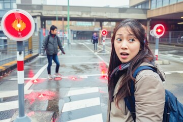 A woman looks startled as she crosses a pedestrian crossing with flashing red lights. A man walks behind her, oblivious to the danger