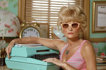 A woman in a pink and green swimsuit sits at a desk, typing on a vintage typewriter. She wears...