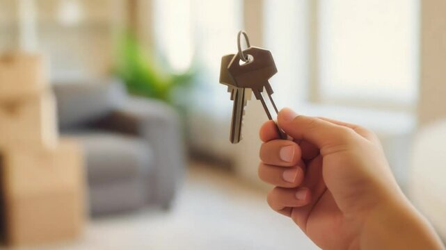 New apartment keys in hand with unfocused moving boxes backdrop.