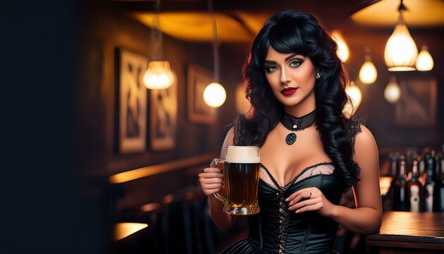 gorgeous barmaid with beer pint, AI generated