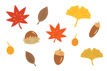 落ち葉とどんぐりのイラストセット