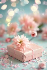 A white box with a string tied to it and a bunch of white flowers on top of it