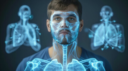 A high-tech visualization of a male face and upper body, highlighting skeletal and respiratory systems, representing advanced medical imaging technology.