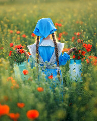 Portrait of cute child girl in poppy field. Kid in blue dress happy with poppy bouquet at summer