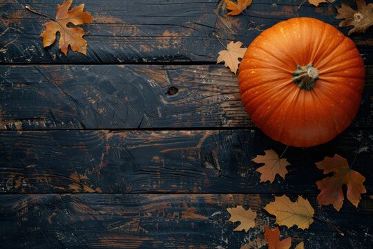 Overhead shot of pumpkin on dark wood background in autumn setting with room for text or pictures. Great for halloween and thanksgiving celebrations. Copy space photo