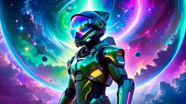 Astronaut in a spacesuit, cosmic galaxy background.  Purple, teal and blue galactic clouds, surrealistic sky, universe panorama. Galaxy travel illustration