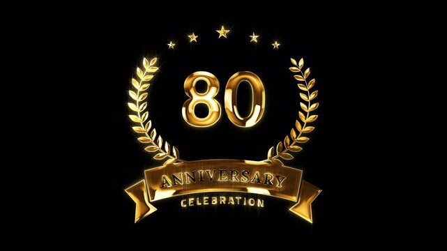 80th Anniversary Celebration. Golden 80 Years Anniversary Animation in Gold Color on the Transparent Background, Alpha Channel. Great for greetings, celebrations, events, and gifts.