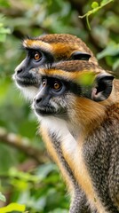 Obraz premium Two Golden-headed Langur monkeys sit closely together on a branch in a lush, green rainforest