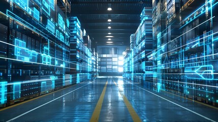 Smart warehouse. Automatic stock storage, modern distribution building, ecommerce warehouse, digital logistics, smart package hardware, AI delivery system, innovation in cargo, commercial storehouse