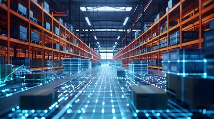 Smart warehouse. Automatic stock storage, modern distribution building, ecommerce warehouse, digital logistics, smart package hardware, AI delivery system, innovation in cargo, commercial storehouse