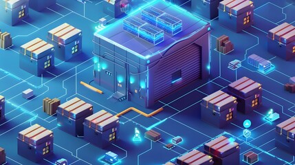 Smart warehouse. Automatic stock storage, modern distribution building, ecommerce warehouse, digital logistics, smart package hardware, AI delivery system, innovation in cargo, commercial storehouse