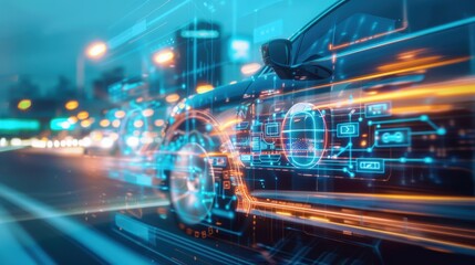 Obraz premium A car with a futuristic design and a blue background. The car is shown in a digital format, with a focus on its wheels and tires. Concept of innovation and modernity, as well as a sense of motion