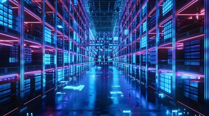 Smart warehouse. Automatic stock storage, modern distribution building, ecommerce warehouse, digital logistics, smart package hardware, AI delivery system, innovation in cargo, commercial storehouse