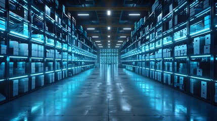 Fototapeta premium Smart warehouse. Automatic stock storage, modern distribution building, ecommerce warehouse, digital logistics, smart package hardware, AI delivery system, innovation in cargo, commercial storehouse