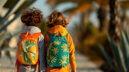 Fototapeta premium Three girls are walking down the street with their backpacks. The sun is shining brightly, and the girls are smiling
