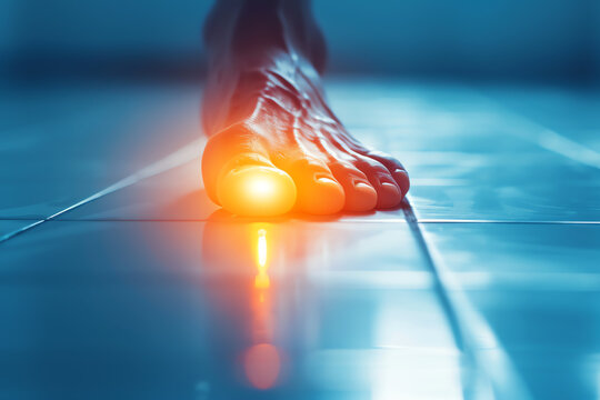 A closeup of a patients foot with diabetic ulcers