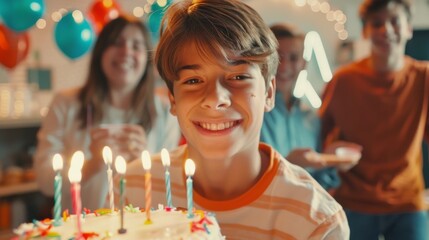 Teenager birthday party with cake and candles wallpaper background
