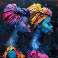 African Women with Headpieces: Acrylic Painting in the Style of African Art
