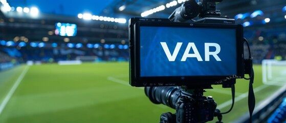 Fototapeta premium A TV screen with the word VAR, football video assistant referee. VAR Technology in Football Stadium. 