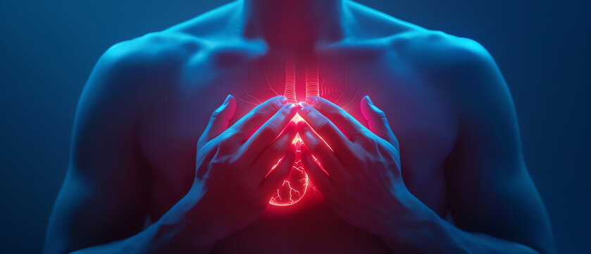 A person experiencing a panic attack, clutching their chest and hyperventilating