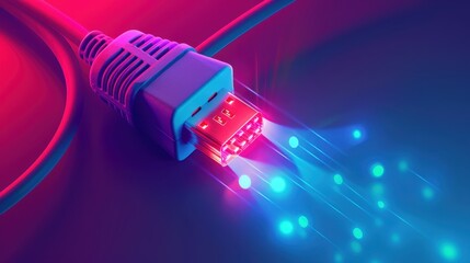 USB cable with a blue connector, illuminated by a vibrant light effect, suggesting high-speed data transfer or connectivity