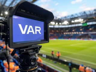  A TV screen with the word VAR, football video assistant referee. VAR Technology in Football Stadium.
