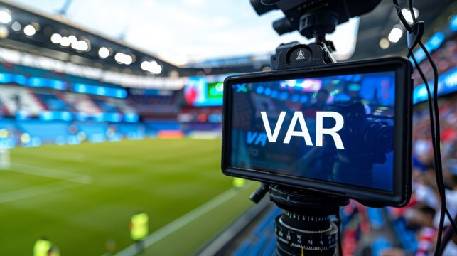  A TV screen with the word VAR, football video assistant referee. VAR Technology in Football Stadium.
