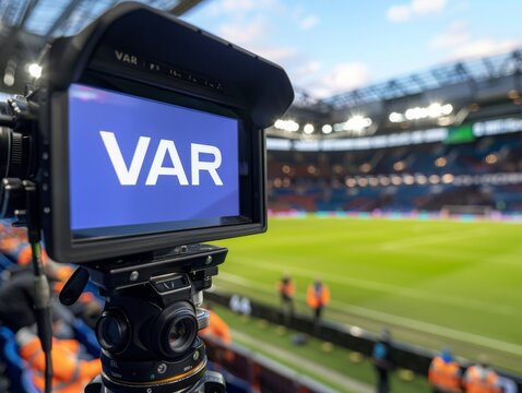  A TV screen with the word VAR, football video assistant referee. VAR Technology in Football Stadium.
